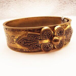 ANTIQUE SYRIAN *RARE*GOLDEN DAMASCENE RAISED DESIGN & FLOWERS HINGED BRACELET 71
